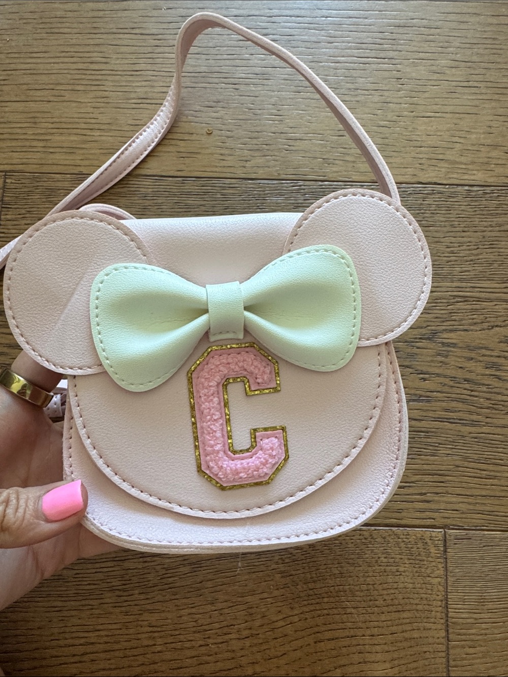 Girls Pink Mouse-Ear Crossbody Bag with Mint Bow and Initial Accent